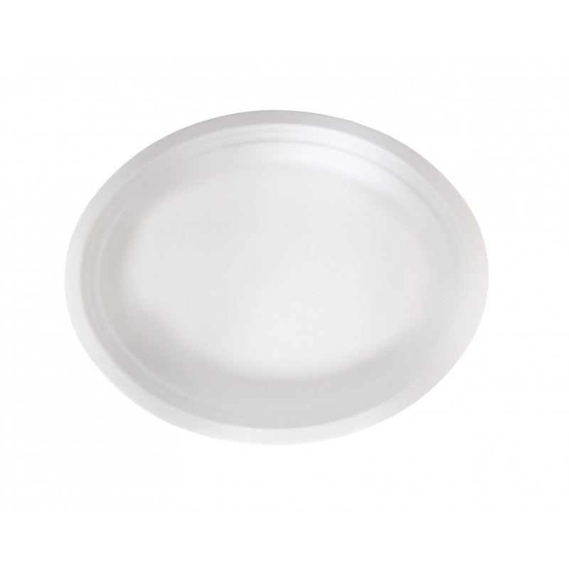 Assiette ovale blanche en pulpe Par 25 unités L: 25,5 cm x l: 32 cm x H: 2,5 cm x P: 30,47 g