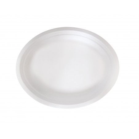 Assiette ovale blanche en pulpe Par 25 unités L: 25,5 cm x l: 32 cm x H: 2,5 cm x P: 30,47 g