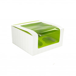 Boîte carton cup cake à fenêtre avec insert vert (pour 4 pièces) Par 50 unités L: 17 cm x l: 17 cm x H: 8,5 cm x P: 56,7 g
