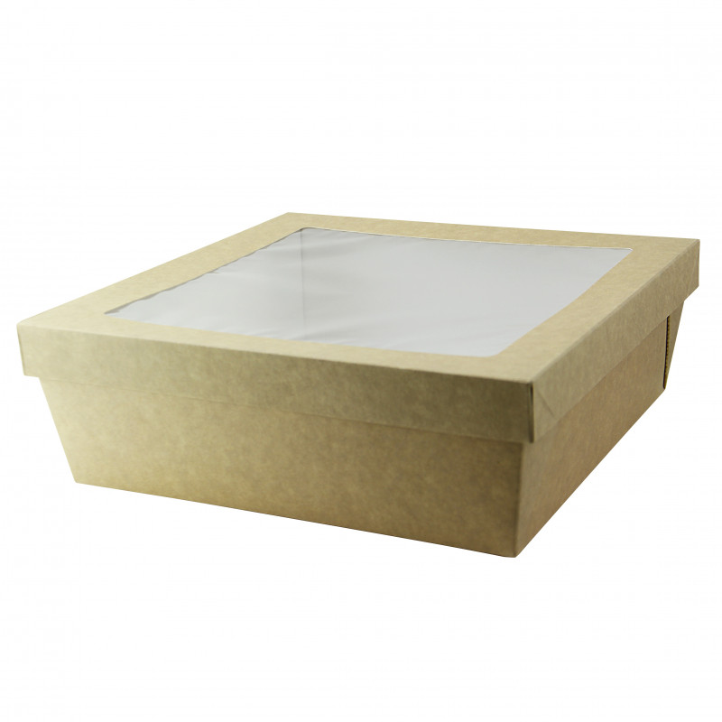 Boîte "Kray" carrée carton brun avec couvercle à fenêtre Par 25 unités L: 24,5 cm x l: 24,5 cm x H: 8 cm x P: 71 g