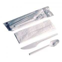 Kit couvert plastique PS transparent 6 en 1: couteau fourchette cuillère  serviette sel poivre