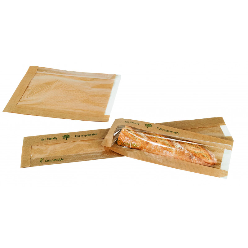 Sac à pain papier brun à fenêtre en PLA 20 x 6 x 40 cm - 500 unités