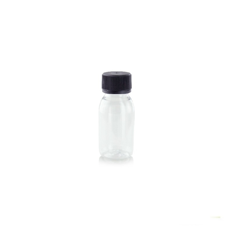 Bouteille plastique PET transparente avec bouchon noir de contenance 60 ml  x 160 unités