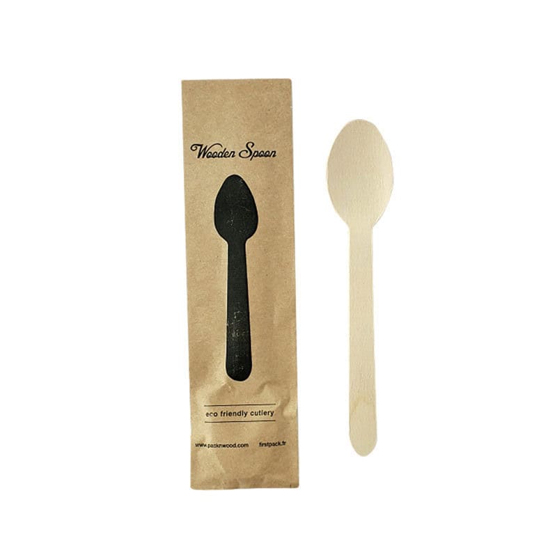 Cuillère en bois emballage papier kraft 16cm - 50 unités