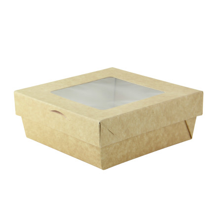 Boite "Kray" carrÃ©e carton brun avec couvercle Ã  fenÃªtre  - 13,5 cm x 13,5 cm x 5 cm