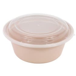 Bol reemp beige pp imprimé avec couvercle transparent   - 1200 ml - 18,2 cm x 18,2 cm x 8,2 cm.