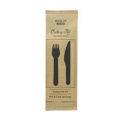 Kit couverts bois 3 / 1: couteau fourchette serviette, emballage kraft  16,5 cm - 50 unités