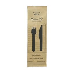 Kit couverts bois 3 / 1: couteau fourchette serviette, emballage kraft  16,5 cm - 50 unités