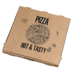 Boite à pizza carton brun, décor "Hot and Tasty"  - 40 cm x 40 cm x 4 cm - 100 unités