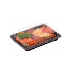 Barquette Sushi Plastique Ps Noir Avec Couvercle Pet Transparent  - 17.8 cm x 12.2 cm - 200 unités