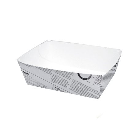 Barquette en carton blanc impression journal 90x60mm H40mm 300ml Barquette en carton blanc impression journal 90x60mm H40mm 300ml