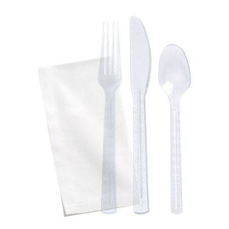 Kit couvert plastique PS transparent ?Lux? 4 en 1: couteau fourchette cuillère serviette 180x40mm