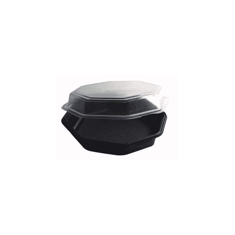 Saladier plastique octogonal noir avec couvercle charnière transparent "Octaview" 230x230mm H50mm 1000ml