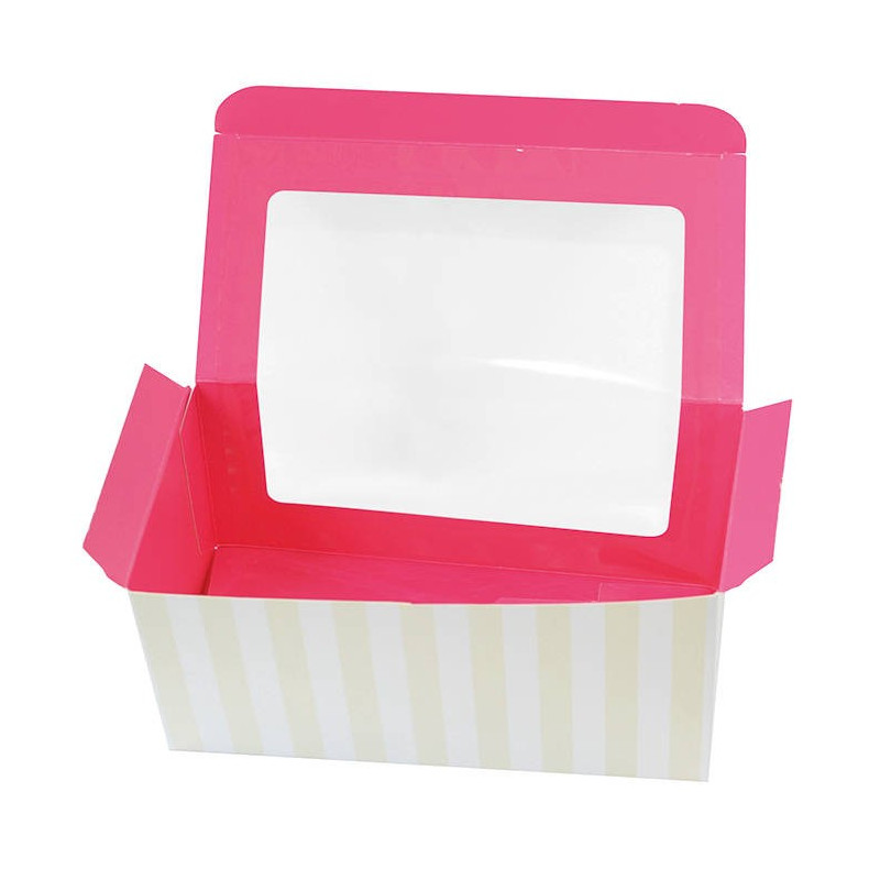 Boîte carton cup cake à fenêtre avec insert rose (pour 2 pièces) 17,5 x 8,5 x 8,5 cm - 50 unités