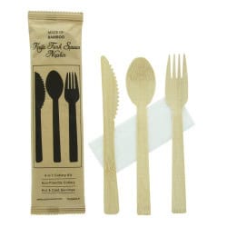 Kit couverts bambou "Anji" 4/1: couteau fourchette cuillère serviette, emballage kraft  17 cm - 100 unités