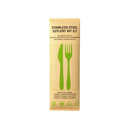 Kit couverts Noxcut en inox 3/1: couteau fourchette serviette, emballage papier 230x60mm H16mm - 250 Pcs