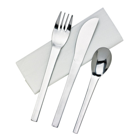 Kit couverts Noxcut en inox 4/1: couteau fourchette cuillère à soupe et serviette, emballage papier 230x60mm H25mm - 250 Pcs