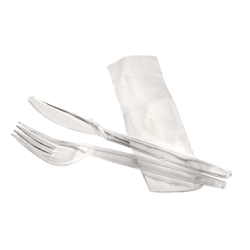 Kit couvert plastique PS transparent “Lux” 3 en 1: couteau fourchette serviette 18 x 6,5 cm x 50 unités