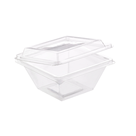 Pyramide Deli plastique PET avec couvercle charniÃ¨re  250ml 105x105, H55 mm, 50pcs