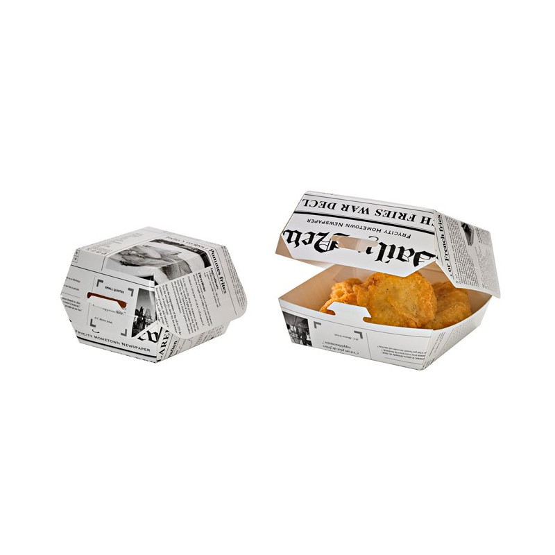 Boîte burger carton blanc décor journal 7,5 x 7,5 x 5 cm - 50 unités