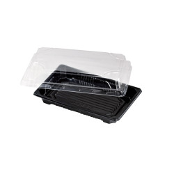 Barquette sushi plastique PS noir avec couvercle PET transparent Suky 17 x 12 x 4 cm - 50 unités