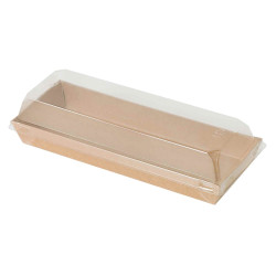 Barquette sushi en carton kraft brun a/c couvercle transp. plastique PET   209x78, H25 mm - 50 unités