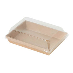 Barquette sushi en carton kraft brun a/c couvercle transp. plastique PET   153x102, H25 mm - 50 unités