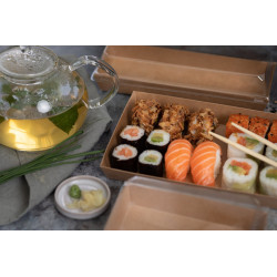 Barquette sushi en carton kraft brun a/c couvercle transp. plastique PET   153x102, H25 mm - 50 unités
