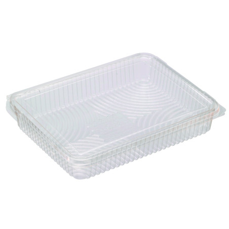 Barquette rectangulaire PLA plate transparente avec couvercle attaché 1000 ml 21,7 x 16,7 x 3,5 cm - 25 unités