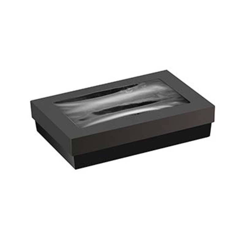 Boîte "Kray" rectangulaire carton noir avec couvercle à fenêtre 22,5 x 15,5 x 5 cm - 25 unités