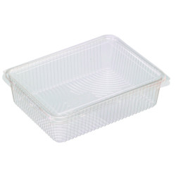 Barquette rectangulaire PLA plate transparente avec couvercle attaché 1500 ml 21,7 x 16,7 x 5,5 cm - 25 unités