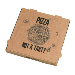 Boite à pizza carton brun, décor "Hot and Tasty"  - 40 cm x 40 cm x 4 cm - 100 unités