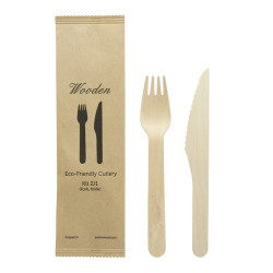Kit couverts bois 2 / 1: couteau fourchette, emballage kraft  16,5 cm - 50 unités