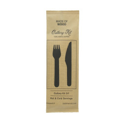 Kit couverts bois 3 / 1: couteau fourchette serviette, emballage kraft  16,5 cm - 50 unités