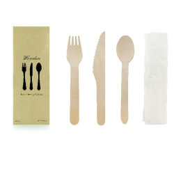 Kit couverts bois 4/1: couteau fourchette cuillère serviette, emballage kraft 16,5 cm - 50 unités