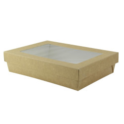 Boîte "Kray" rectangulaire carton brun avec couvercle à fenêtre 1500 ml 22,5 x 15,5 x 5,3 cm - 50 unités