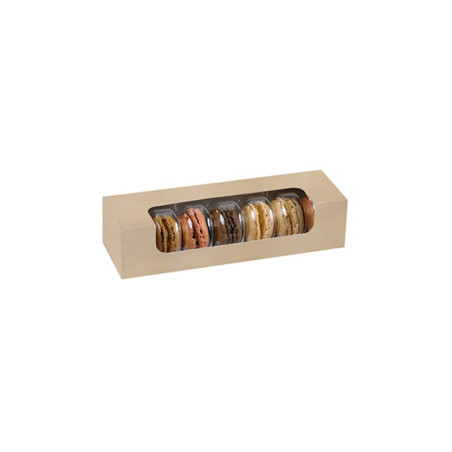 Boîte carton brun 7 macarons avec fenêtre PLA 21,5 x 6,8 x 4,8 cm - 50 unités