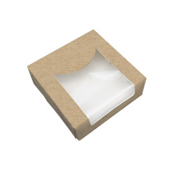 Boîte pâtissière carton brun avec couvercle attaché à fenêtre PLA 12 x 12 x 5 cm - 50 unités