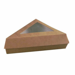 Boîte pâtissière triangulaire carton brun avec couvercle à fenêtre 15,5 x 13 x 4,5 cm - 50 unités