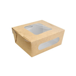 Boîte salade carton kraft brun à double fenêtre 1250 ml 15,9 x 13,6 x 6,5 cm - 30 unités
