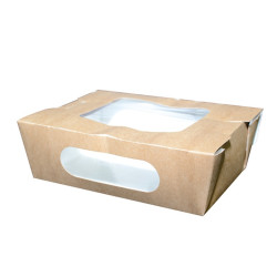 Boîte salade carton kraft brun à double fenêtre 900 ml 16,6 x 11,8 x 5 cm - 30 unités