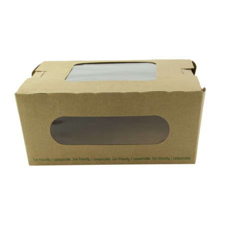Boîte salade carton kraft brun à double fenêtre PLA 1100 ml 15,2 x 13,5 x 6,5 cm - 50 unités