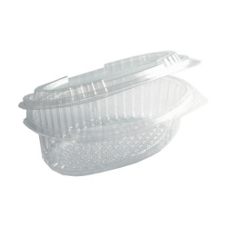 Barquette plastique PET transparente ovale avec couvercle attaché 255x160mm H110mm 2000ml - 280 unités
