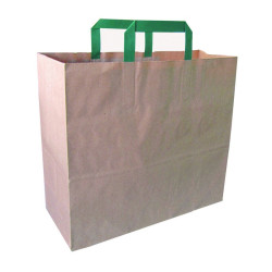 Sac cabas papier kraft brun recyclé avec anses vertes  320x170, H340 mm - 250 unités