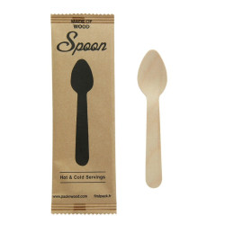 Cuillère café bois, emballage papier kraft  /  Wooden coffee spoon, kraft wrap 11 cm - 50 unités
