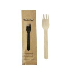 Fourchette en bois emballage papier kraft 15,8cm - 50 unités