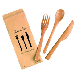 Kit couverts bambou 3/1: couteau fourchette petite cuillère, emballage transparent 16 cm - 50 unités