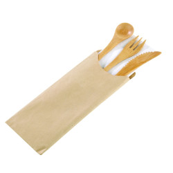 Kit couverts bambou 4/1 "Bambi", emballage kraft 16 cm - 50 unités