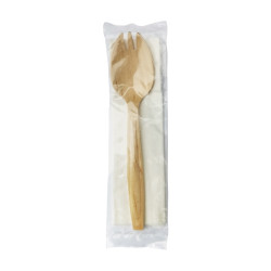 Kit couverts bois 2/1: fourchette-cuillère serviette, emballage transparent 14,7 cm - 250 unités