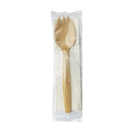 Kit couverts bois 2/1: fourchette-cuillère serviette, emballage transparent 14,7 cm - 250 unités